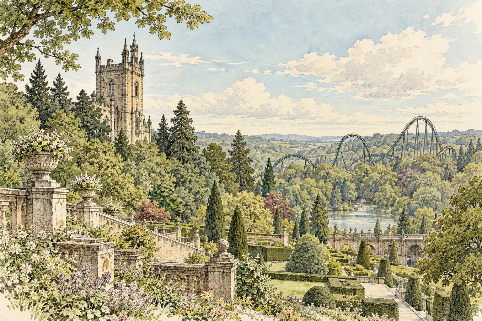 An imaginative ink and watercolor drawing of a stone tower, gardens and a distant roller coaster