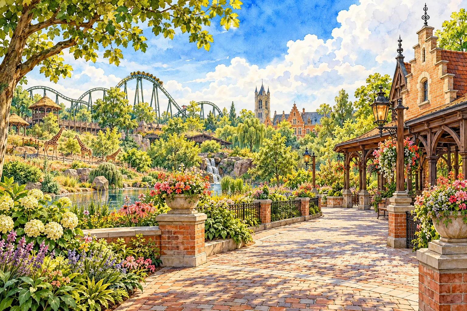 An imaginative colour ink and watercolor drawing of a leafy garden, animal habitat and distant roller coaster