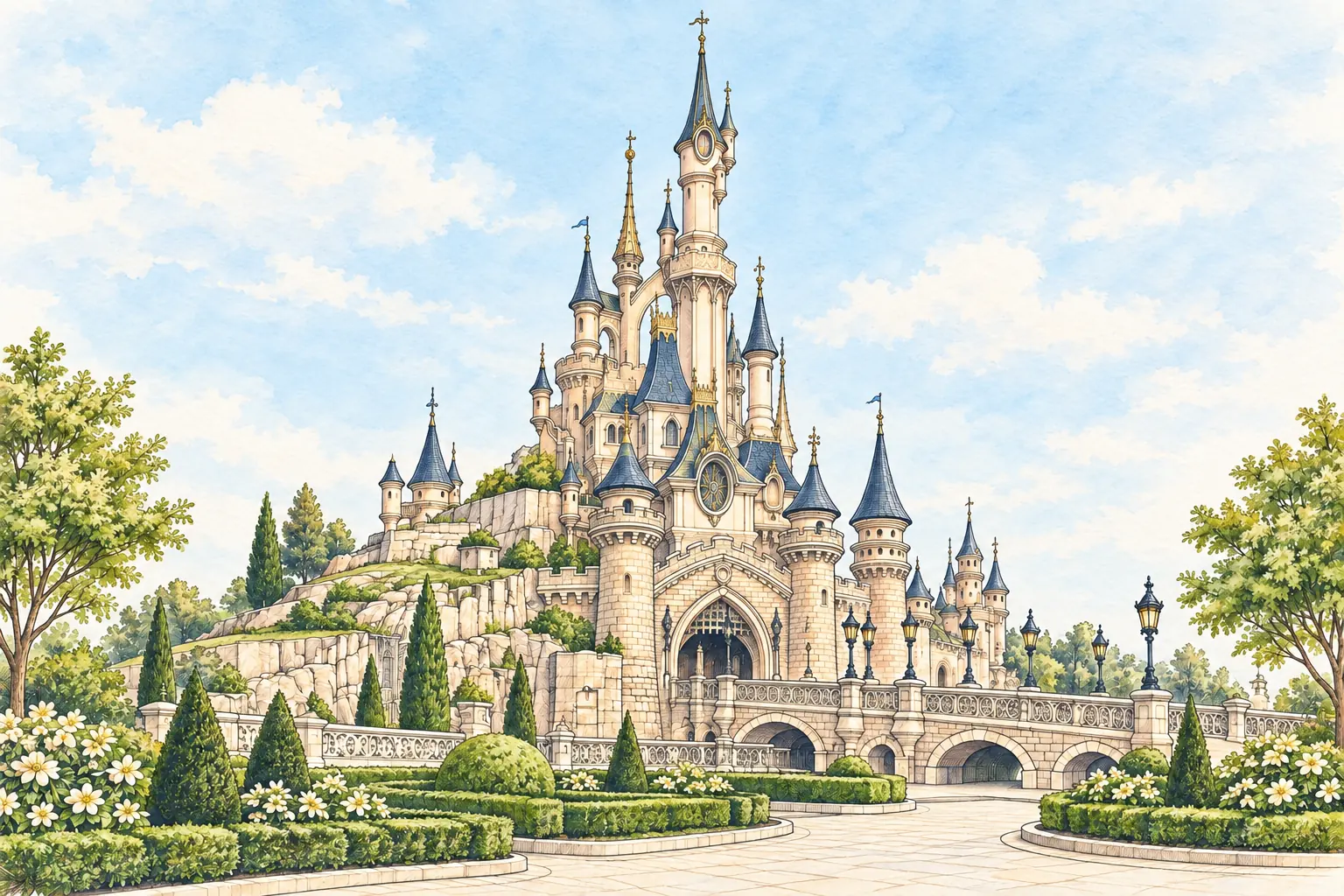 An imaginative colour ink and watercolor drawing of a fairytale castle and formal gardens