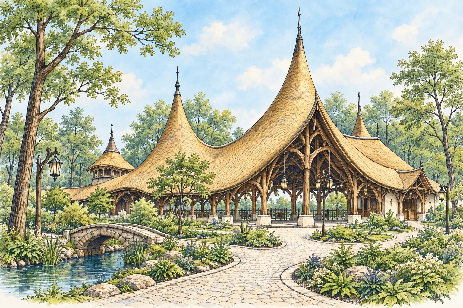 An imaginative colour ink and watercolor drawing of sweeping thatched roofs among woodland gardens