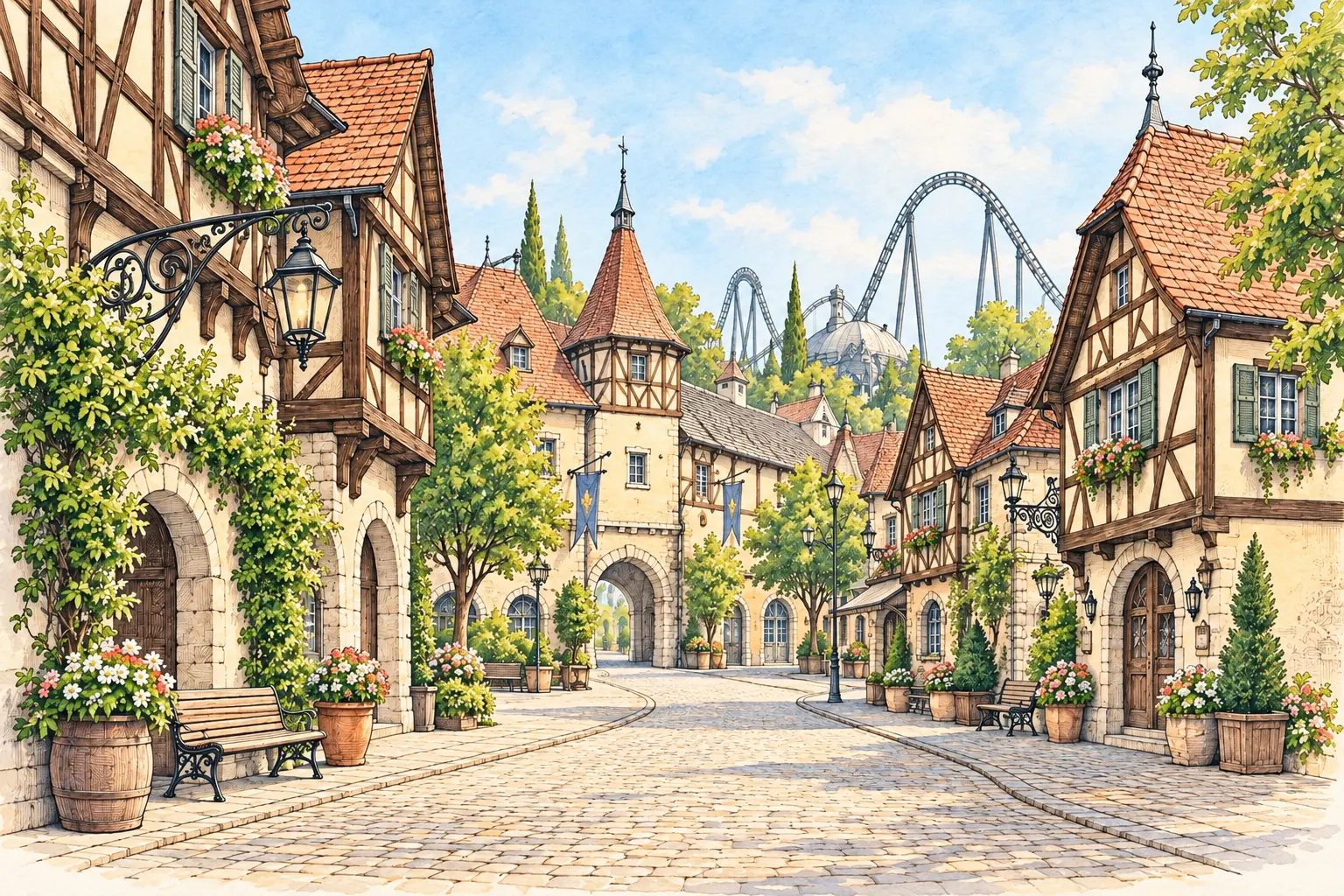 An imaginative colour ink and watercolor drawing of half-timbered village houses with a distant roller coaster