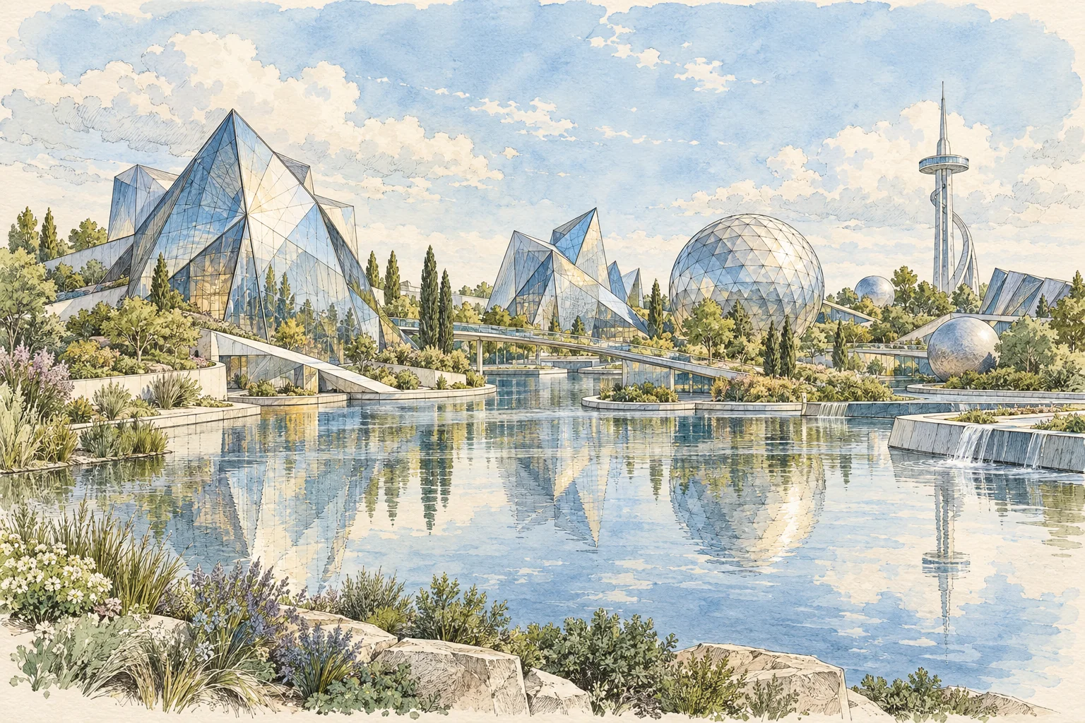 An imaginative ink and watercolor drawing of geometric glass pavilions reflected in water