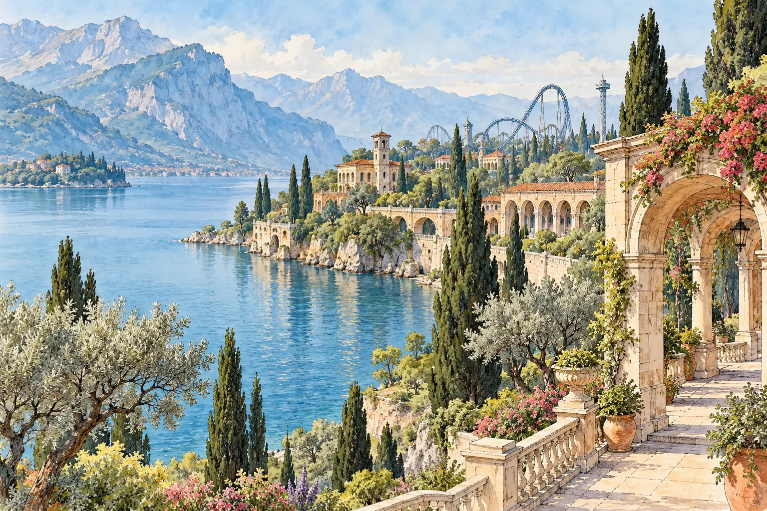 An imaginative watercolor drawing of an Italian lakeside garden, arcades and a distant roller coaster