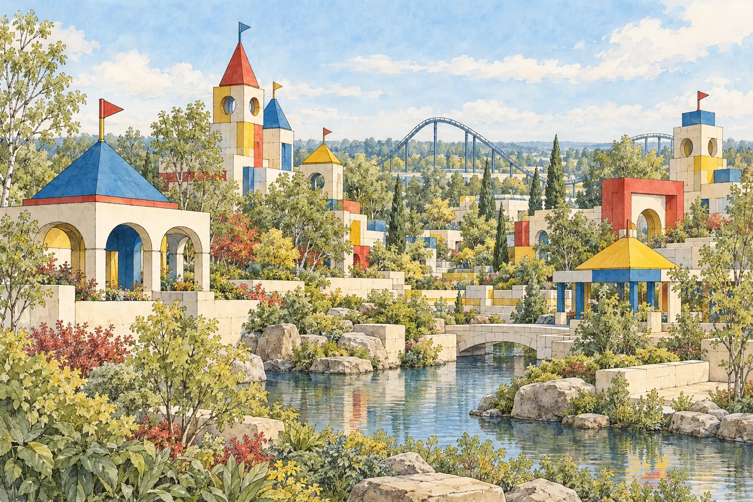 An imaginative watercolor drawing of colourful geometric play pavilions and a distant ride track