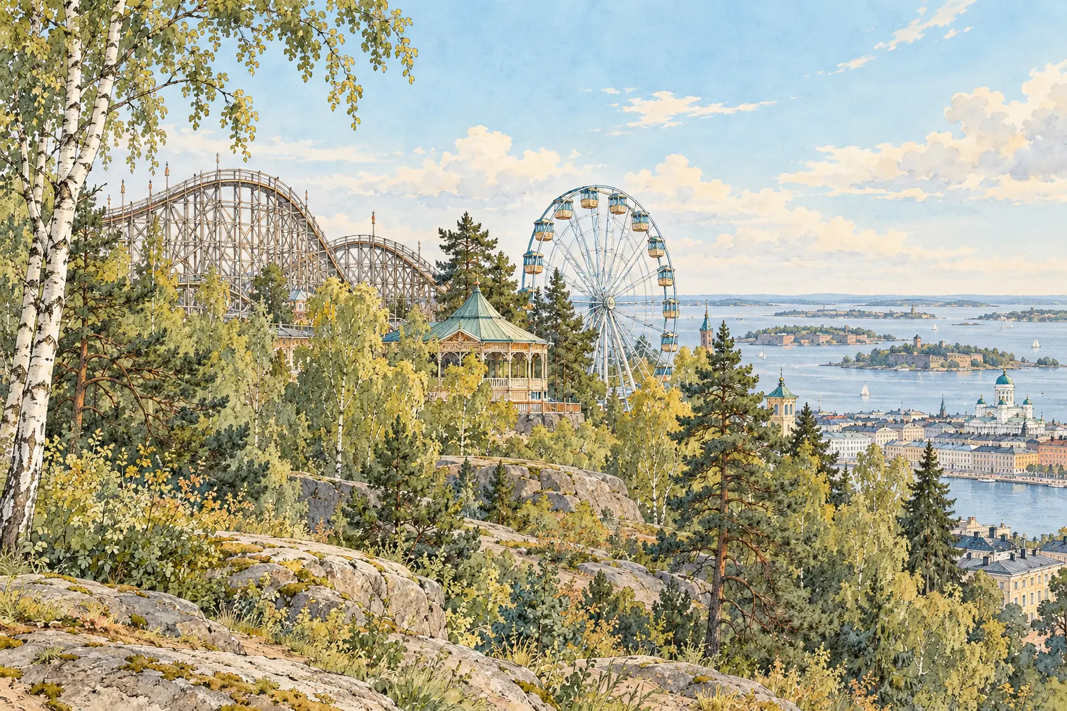 An imaginative watercolor drawing of a hilltop fairground with a wooden coaster and Ferris wheel above the sea