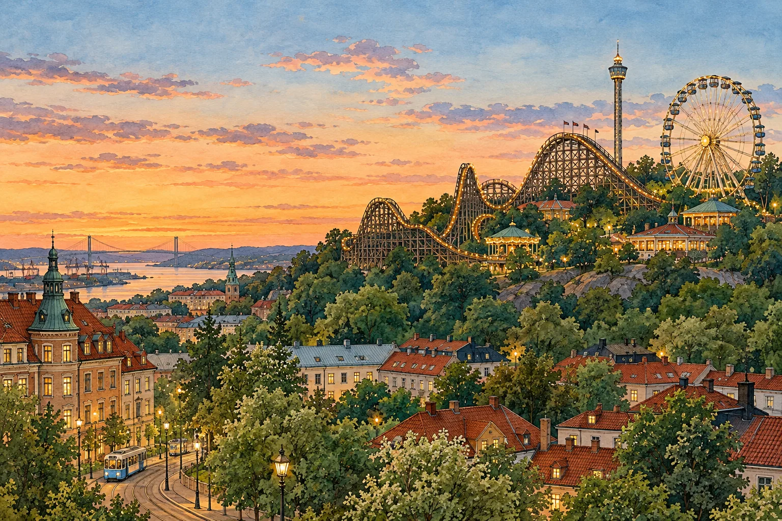An imaginative colour ink and watercolor drawing of a wooded hillside amusement park above a Scandinavian city at dusk