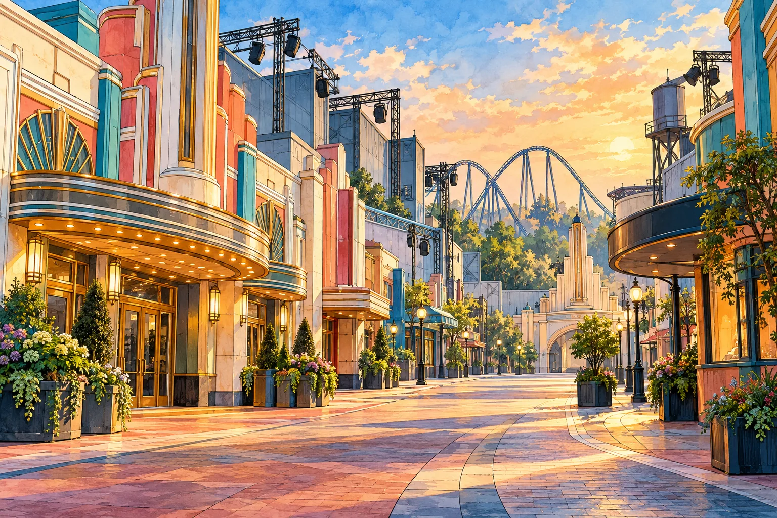 An imaginative colour ink and watercolor drawing of a film studio street, illuminated soundstages and a distant coaster