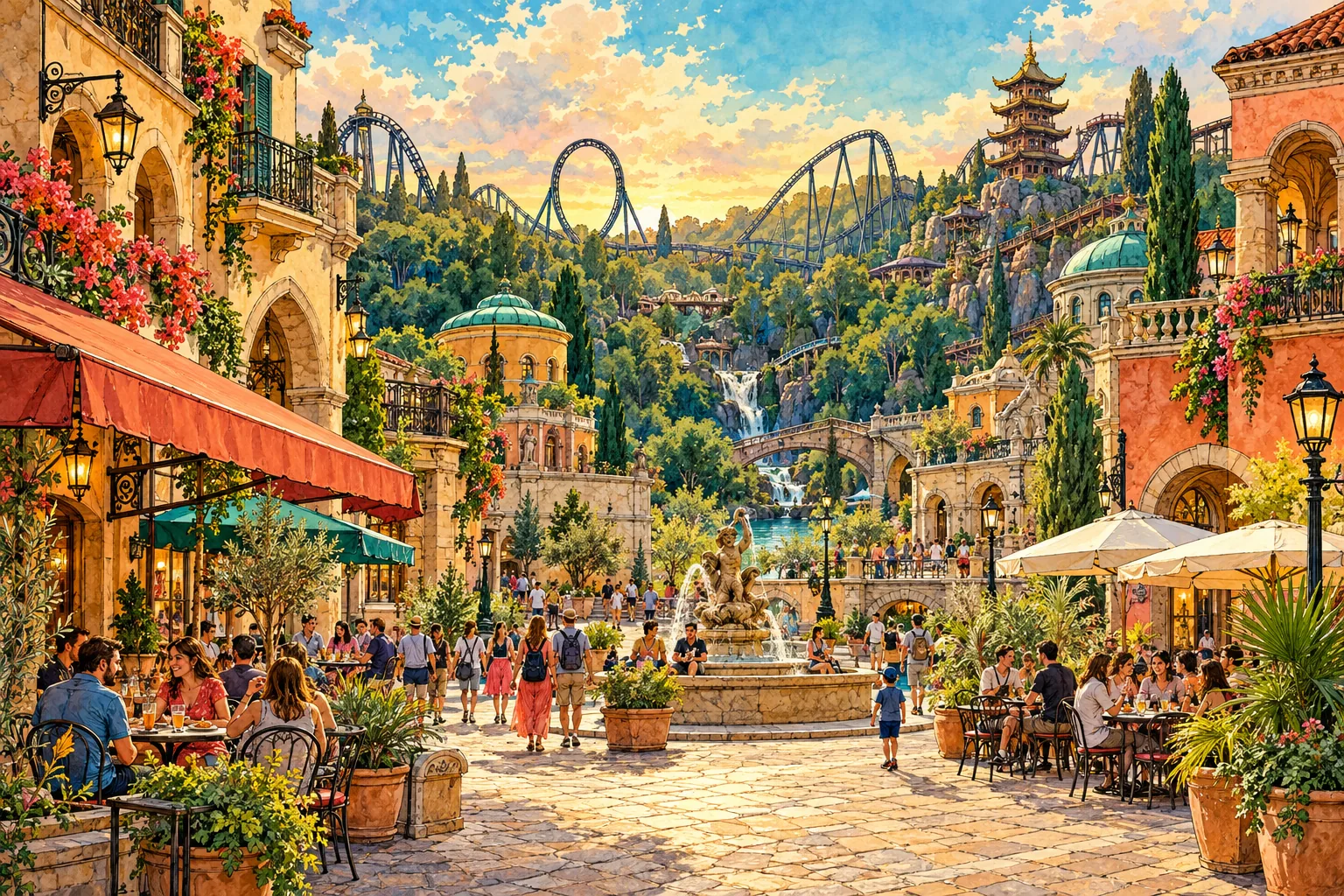An imaginative colour ink and watercolour drawing of a lively plaza, wooded valley and distant coaster