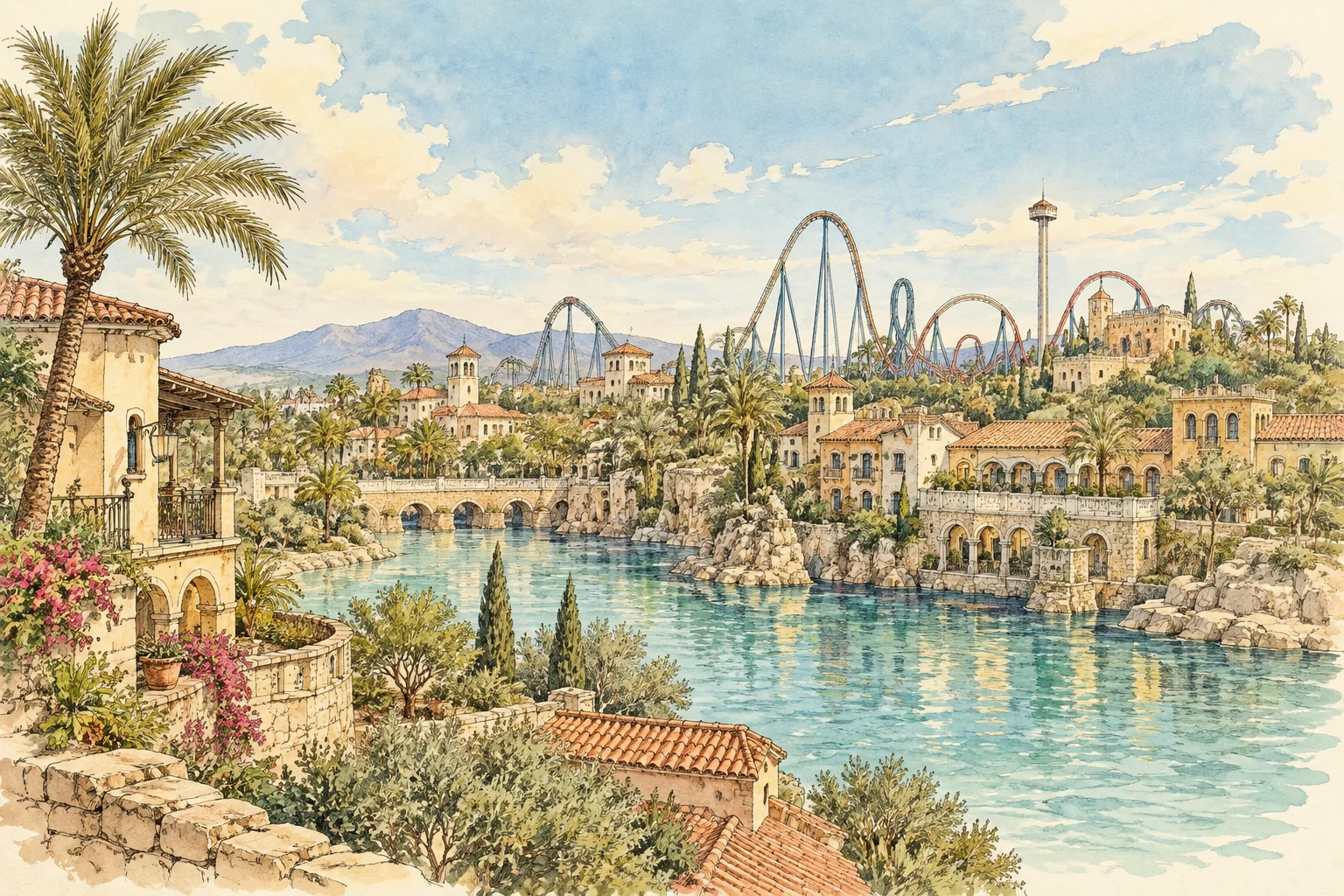 An imaginative ink and watercolor drawing of Mediterranean rooftops, a lagoon and distant roller coasters