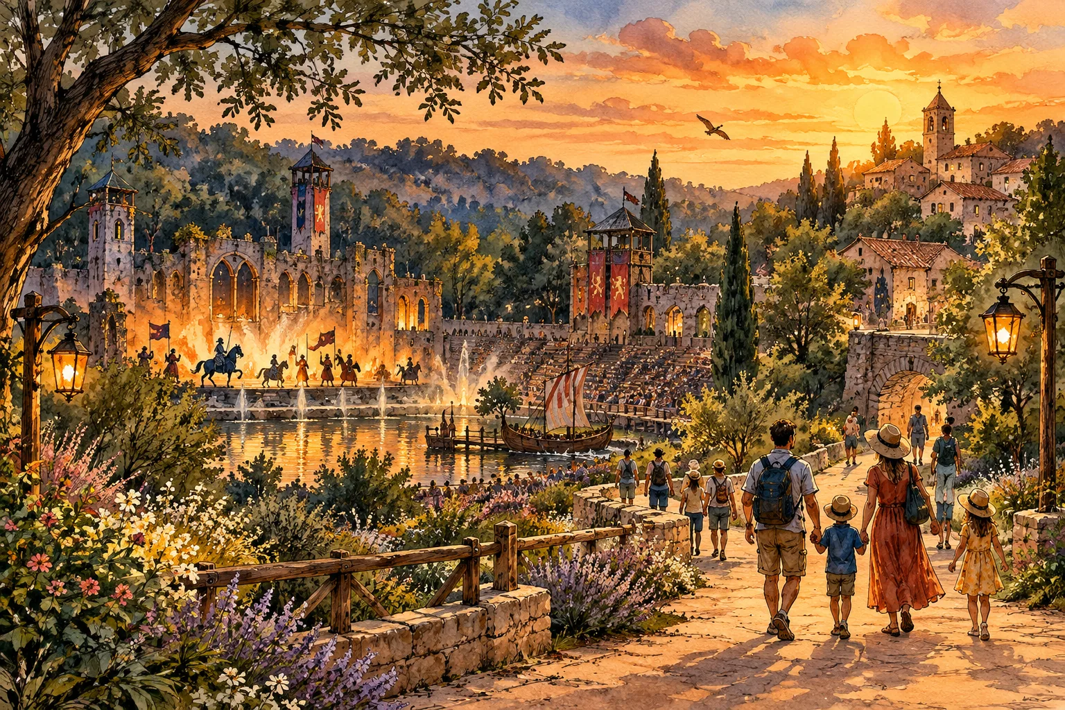 An imaginative colour ink and watercolor drawing of a woodland theatre, historic rooftops and a winding path at sunset