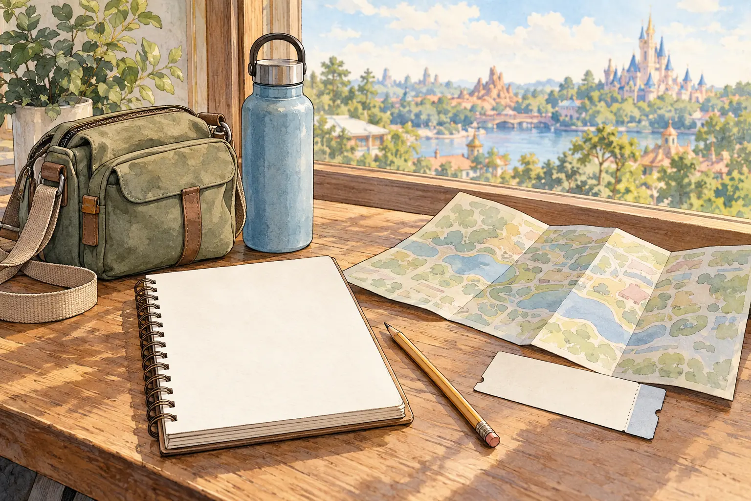 An illustrated travel-planning desk with a notebook, bag, water bottle and fictional folded map