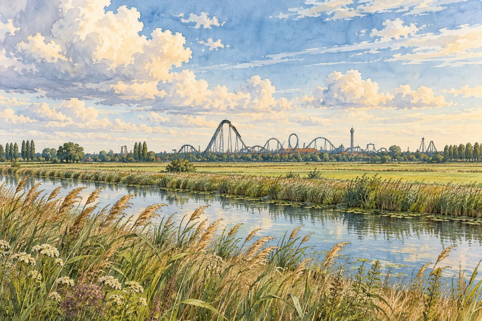 An imaginative colour ink and watercolor drawing of a distant roller coaster beyond a Flevoland canal and reeds