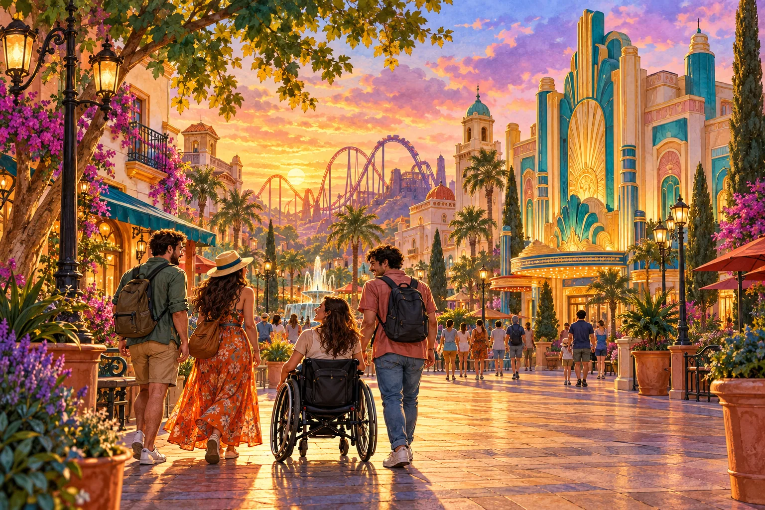 An imaginative colour ink and watercolor drawing of a cinema-inspired park street at sunset with visitors