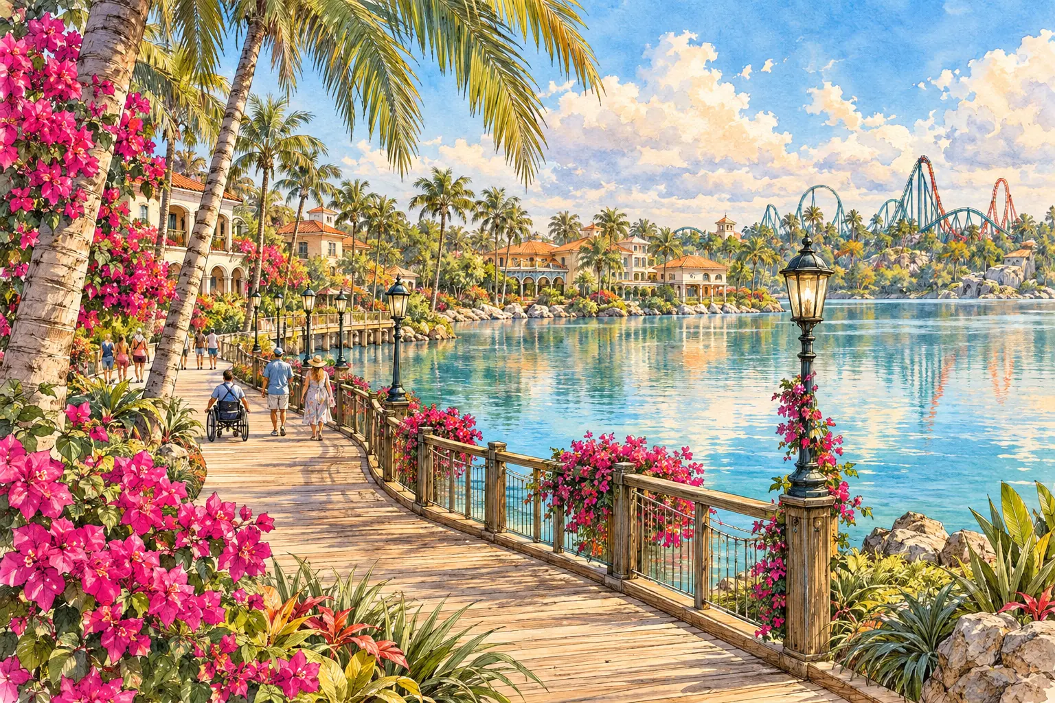 An illustration of a Florida lakeside boardwalk lined with palms and bougainvillea, resort buildings across the water and a distant roller coaster