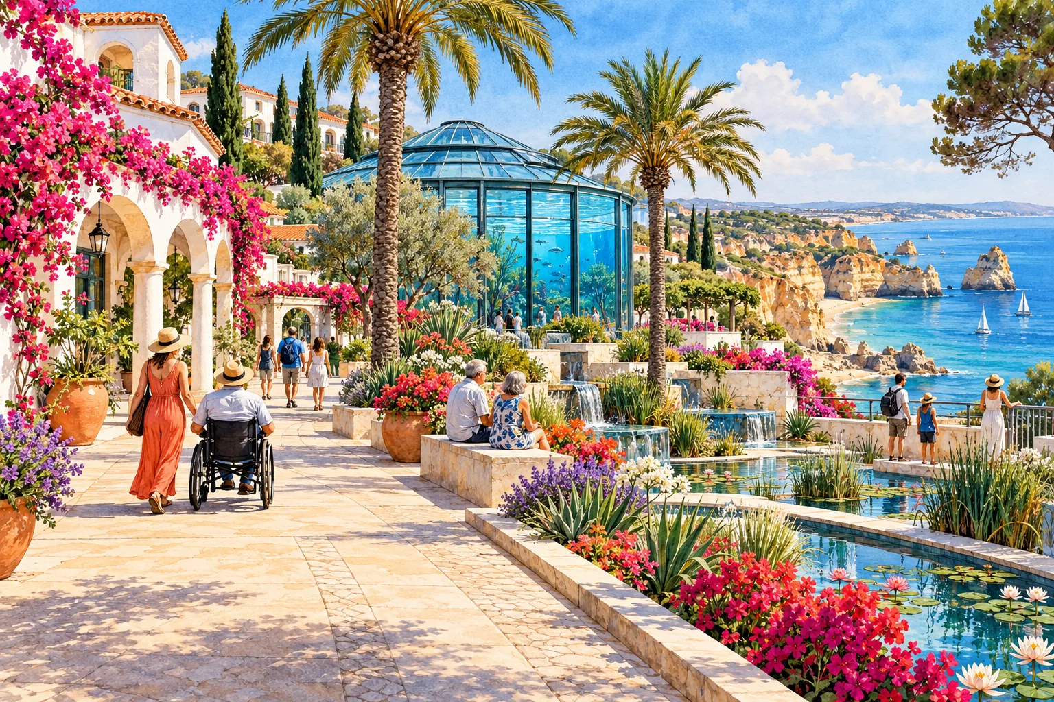 An imaginative colour ink and watercolor drawing of an Algarve coastal garden and aquarium pavilion with visitors